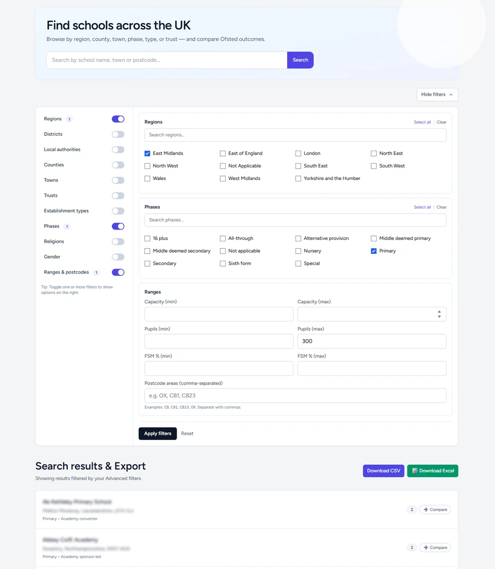 Advanced school filter & export tool for educators